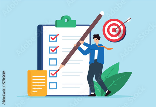 Flat illustration of startup founder mark goal or target use pencil on business checklist in clipboard with bullseye
