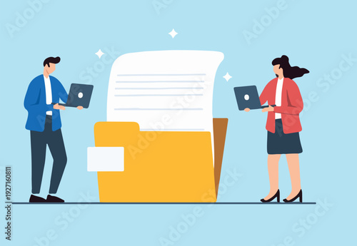 Flat illustration of business people working with paper document file folder