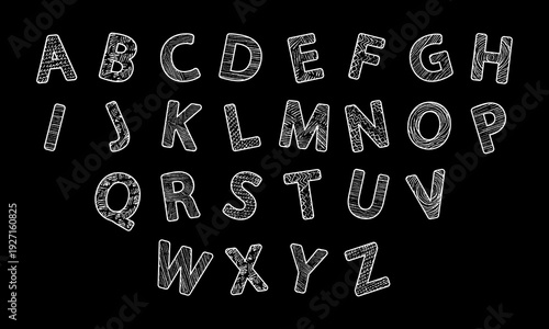 English alphabet letters with different textures. White on black. Vector set