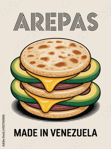 Arepas Food Illustration poster, bold striped typography with patterned circular flatbread art