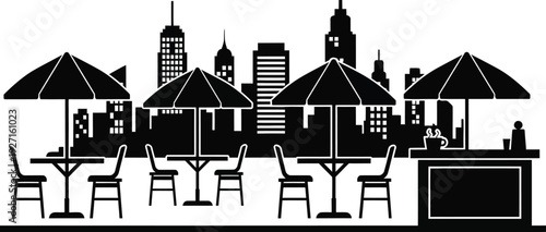 Black and white cityscape silhouette featuring outdoor cafe tables umbrellas buildings and skyline on transparent background high quality professional detailed modern