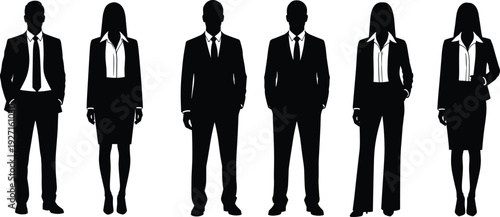 Silhouette group of professional diverse business people in formal suits standing together for corporate team, leadership, and successful workplace concept.