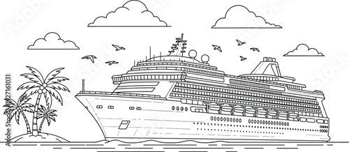 Detailed black and white line drawing of a cruise ship with palm tree clouds and birds on transparent background silhouette