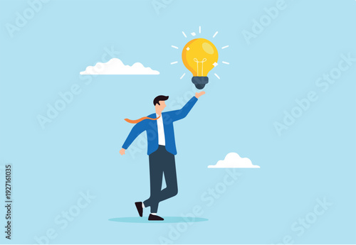Flat illustration of businessman hold bright lightbulb creativity finding inspiration solution expert solving problem leader giving advise professional help eureka moment