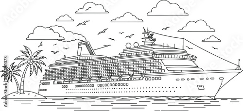 Black and white line drawing depicting a cruise ship palm tree and clouds with birds on transparent background silhouette high quality