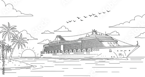 Detailed black and white drawing of a cruise ship palm trees birds sun and clouds on transparent background silhouette high quality