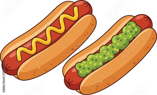 Two cartoon hot dogs one with mustard and one with relish presented as a silhouette on transparent background high quality professional