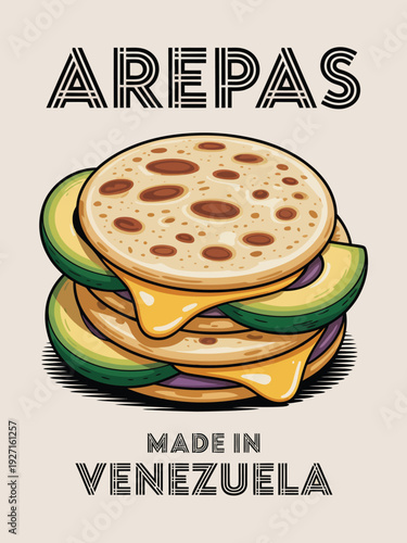 Arepas Culinary Art poster, modern graphic design with textured round traditional flatbread