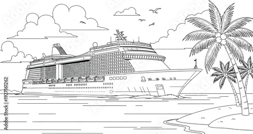 Detailed black and white drawing of a cruise ship docked near a tropical beach palm trees and clouds on transparent background silhouette