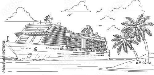 Detailed black and white drawing of a cruise ship docked at a tropical beach with palm trees clouds and birds on transparent background silhouette