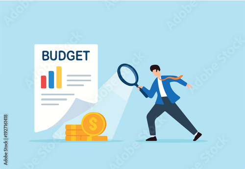 Flat illustration of businessman revealing hidden coins under budget sheet with magnifier light to uncover financial insights and spending analysis