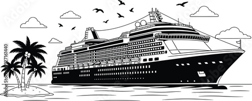 Black and white illustration depicting a cruise ship palm trees clouds and seagulls on transparent background silhouette high quality professional detailed