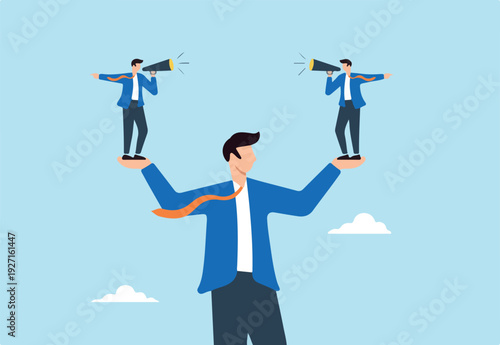 Flat illustration of confused businessman with two mini versions of himself in both hands shouting opposite directions on megaphones internal conflict and decision making dilemma