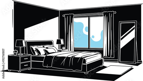 Modern bedroom interior illustration in black and white with window view curtains furniture on transparent background silhouette high quality professional detailed