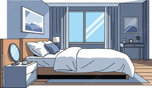 Modern bedroom interior illustration featuring a bed windows and furniture presented as a silhouette on transparent background high quality professional detailed