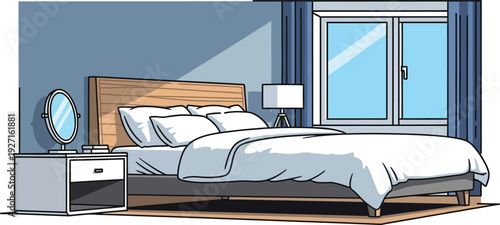 Stylized bedroom interior illustration depicting a bed window and nightstand rendered in a modern silhouette on transparent background high quality professional