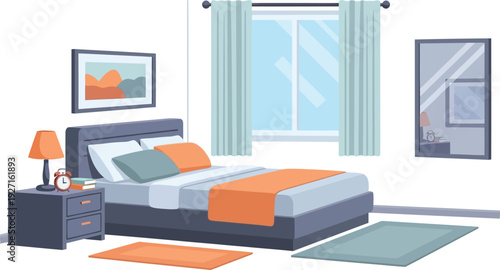 Interior illustration of a bedroom with bed window curtains mirror and decor elements on transparent background silhouette high quality professional detailed