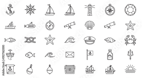 Nautical Line Icons Set: Anchor, Sailboat, Lighthouse, Compass, Submarine, Waves, Sea Life, Maritime Vector Outline Collection