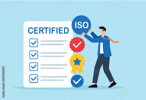 Flat illustration of businessman stacking quality badges to build ISO certified checklist for business approval