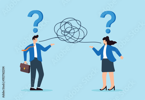 Flat illustration of two business colleagues communicate through messy line with question mark misunderstanding confusion conflict opinion discussion meeting conversation