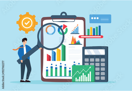 Reviewing financial statements for accuracy, ensuring compliance with regulations, audit analysis concept vector illustration. Business analyst auditing documents