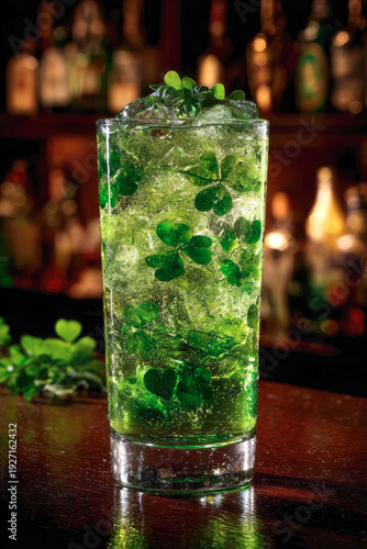 Refreshing green cocktail with ice and clovers served in a tall glass, set against a vibrant bar background, celebrating St. Patrick's Day festivities and traditions