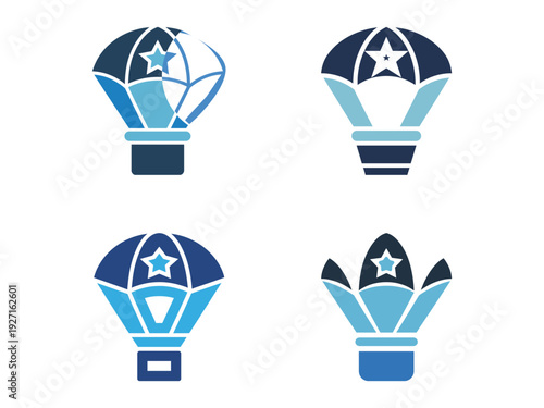 Four stylized blue and white hot air balloon icons with star designs are displayed against a plain background