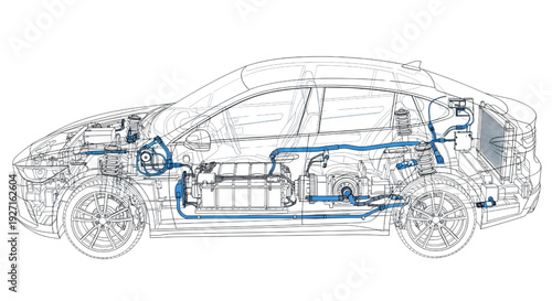 Electric Car AutoCAD Blueprint Side View – Vehicle Components and Systems Technical Vector Illustration