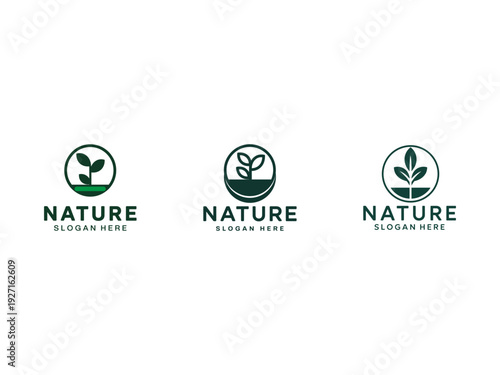 Three minimalist nature logo designs featuring stylized leaves and the word nature in a modern font