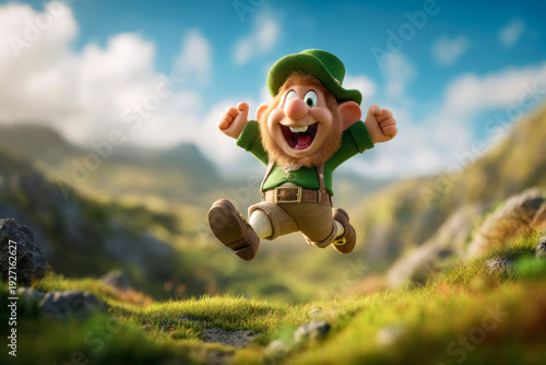 Cheerful leprechaun character in green attire joyfully running through a lush landscape, celebrating St. Patrick's Day with vibrant colors and a festive atmosphere