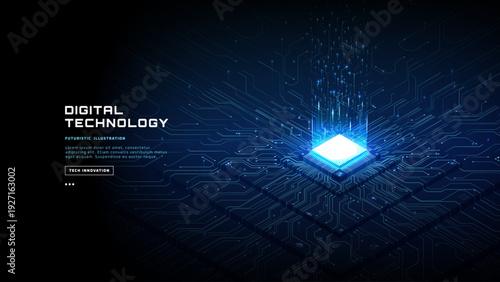 Luminous processor with glowing connections on futuristic tech backdrop. Perfect for artificial intelligence, quantum computing, and modern digital innovation concepts. Vector illustration