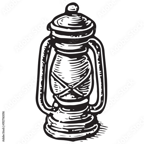 Vintage Kerosene Lantern with Handles Vector Icon Black Line Art