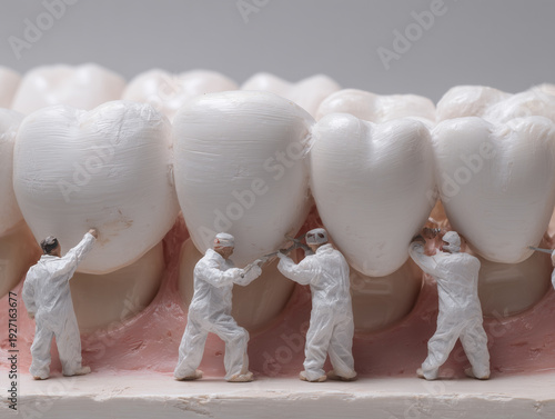 Miniature dentures and workers in dental health