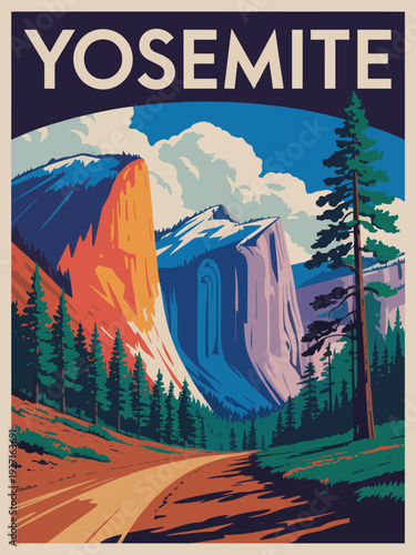 Yosemite National Park Vintage poster, vibrant Half Dome landscape in striking sunset tones