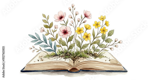 Vector watercolor painting of flowers growing from an old open book, hand-painted isolated on a white background.