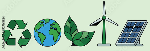 An illustration representing eco-friendly practices and sustainable living with symbols for recycling, the Earth, leaves, wind energy, and solar power.