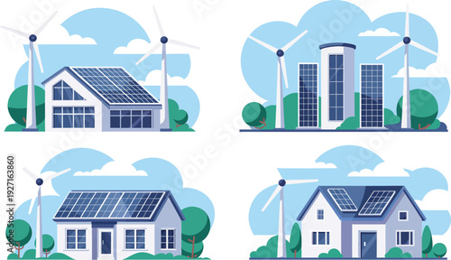 An illustration of eco-friendly homes and buildings with solar panels and wind turbines