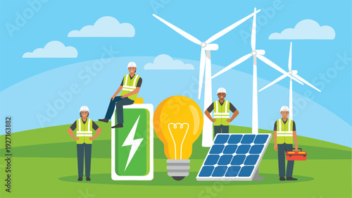 Workers in safety gear standing near renewable energy sources including wind turbines, solar panels, and a battery with a lightbulb on a green hill.