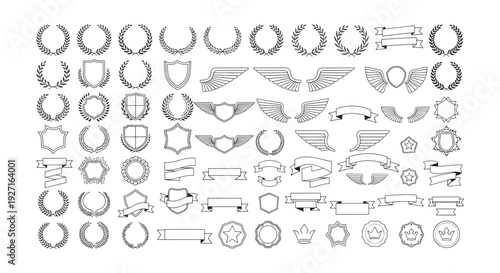 Collection of Laurel Wreaths, Shields, Wings and Ribbon Badges Line Art Vector Set for Emblems