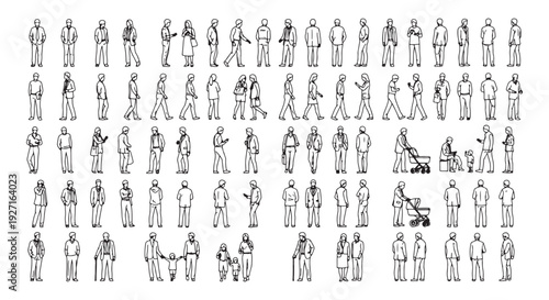 Line Drawing People Set: Business, Casual, Walking and Family Outline Figures for Design