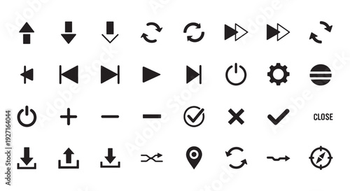 Flat Black UI Icons Set for Media Controls, Navigation and Interface Design Elements