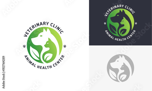 Veterinary clinic logos displayed on various colored backgrounds showcasing animal health center emblems