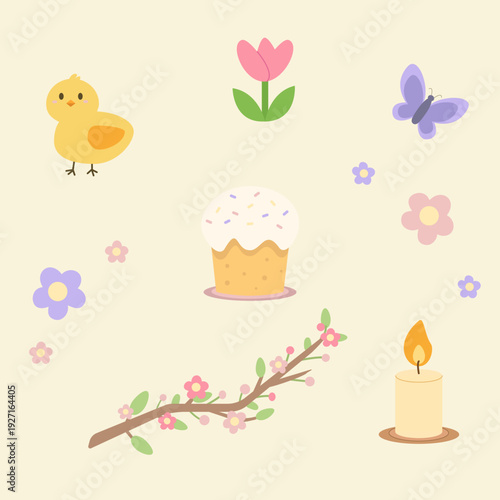 Cute Easter Spring Elements Set – Bunny, Cake, Flowers, Candle and Butterfly Vector Illustration