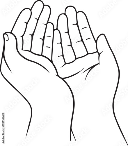 Outlined hands together in prayer or holding gesture, offering or receiving something, isolated vector art