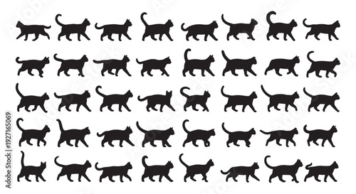 Walking cat silhouette animation sequence. Vector sprite sheet of moving animal frames isolated on white.