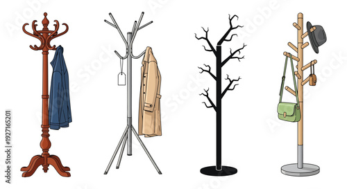 Coat Rack Set Isolated on White – Wooden and Metal Hat Stands, Tree Style Clothes Hangers