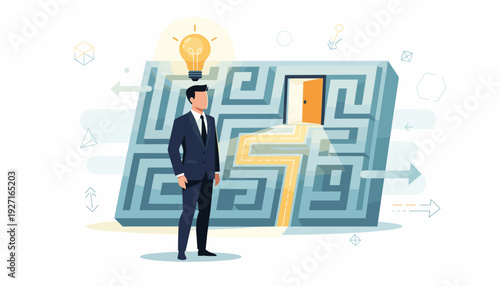 Successful businessman with a glowing lightbulb idea finding the right path through a complex maze to an open exit door, representing creative problem solving, strategic thinking, and leadership.
