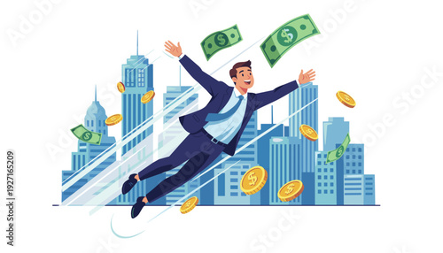 Vector illustration of a happy businessman flying high above a modern city skyline surrounded by falling cash and gold coins, symbolizing financial freedom, wealth, and professional achievement.