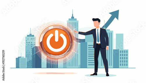 Businessman in a suit pressing a glowing orange power start button to launch a new business startup concept with a city skyline and rising growth arrow in the background vector illustration.