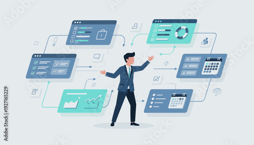 Businessman managing multiple digital dashboards and tasks for efficient project management, workflow automation, and business productivity illustration with charts, calendars, and checklists.